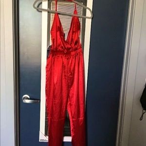 Red satin jumpsuit